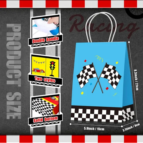 Miniatura 5 de Nezyo 24 bolsas de recuerdo de fiesta de auto de carreras, suministros de fiesta de cumpleaños, bolsas de regalo con asas para bandera a cuadros