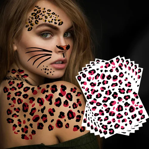 Miniatura 10 de Tatuajes temporales con estampado de leopardo, 6 hojas de calcomanías realistas de piel de leopardo para adultos y niños, perfectas para Halloween