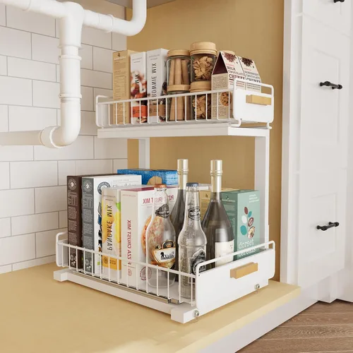 Miniatura 15 de Organizador bajo el fregadero, Organizador de 2 niveles alto y ajustable bajo el fregadero de la cocina, estante de almacenamiento multiuso