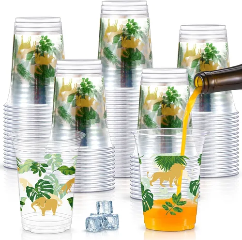 Jinei 60 tazas doradas de plástico desechables de 16 onzas con temática de safari dorado para fiestas temáticas de safari dorado, a granel para dos