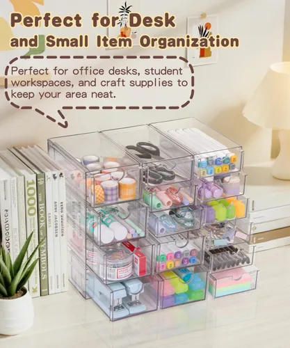 Miniatura 5 de VZKAH Organizador de acrílico transparente con cajones Unidad de escritorio de 15 cajones Organizador de maquillaje y escritorio y caja