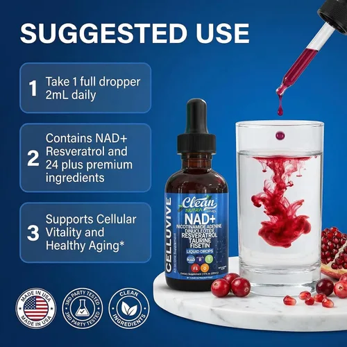 Miniatura 6 de Clean Nutra NAD Suplemento Líquido Gotas Resveratrol Polifenoles Liposomal Taurina Fisetina Extracto de Semilla de Uva Hierba Carmín Fo Ti Anti