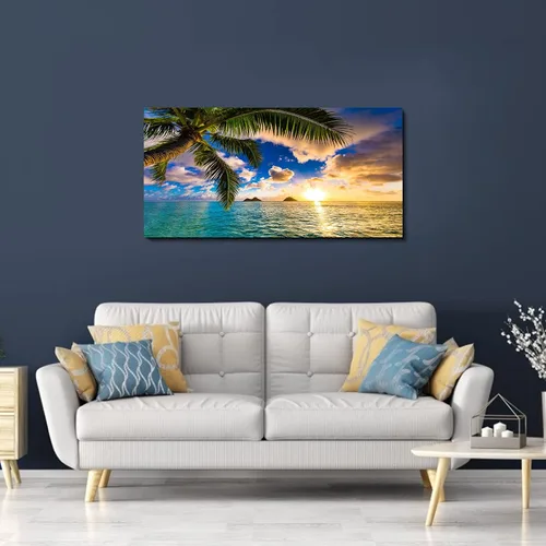 Miniatura 5 de EPHANY Arte de pared con palmera de playa y océano, 1 lienzo para pared, escena de puesta de sol con paisaje de árbol, estirado y enmarcado, listo