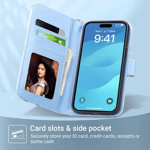 Miniatura 2 de ULAK Funda tipo cartera compatible con iPhone 15 para mujer, funda tipo cartera de piel PU premium con estampado floral y tarjetero, función