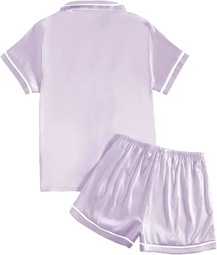 Miniatura 2 de LYANER Conjunto de pijama de 2 piezas de satén sedoso de manga corta con botones para mujer
