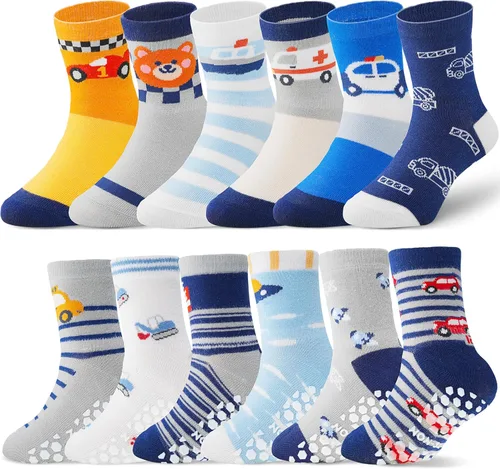 Miniatura 10 de ANTSANG 12 pares de calcetines de bebé para niñas, niños, niños pequeños con empuñaduras, calcetines de tripulación de algodón