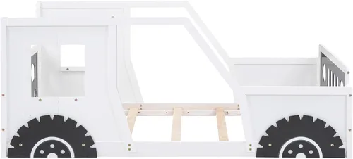 Miniatura 6 de Polibi Cama de plataforma, tamaño individual, cama clásica de madera en forma de automóvil con ruedas, cabecero, estribo, puertas, ventanas