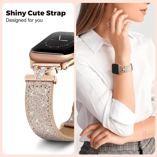 Miniatura 4 de Elegante y brillante correa de cuero compatible con Apple Watch de 1.575 pulgadas para mujer, elegante y brillante correa de Apple Watch de 1.614