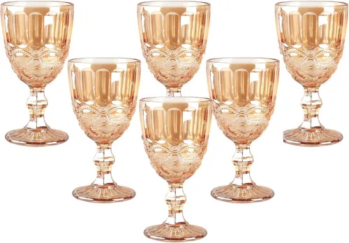 Juego de 6 copas de vino vintage, copas de agua de vidrio de colores de 10 onzas, diseño único en relieve, cristalería de tallo transparente de alta