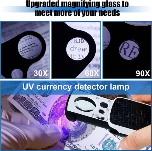 Miniatura 7 de HMKIS Lupa Jewelers, paquete de 2 lupas con luz, 30 x 60 x 90 x 20 aumentos de bucle con 20 baterías de respaldo para monedas, diamantes, gemas