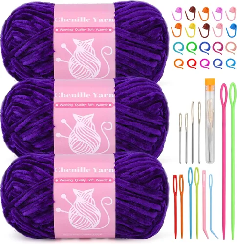 Miniatura 12 de LUNARM Hilo de terciopelo de felpilla para tejer a ganchillo, paquete de 3 unidades de 3.5 onzas / 3.5 onzas / 3.5 onzas para ganchillo y tejido