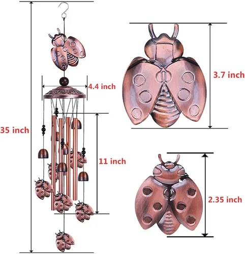 Miniatura 3 de Campanillas de viento de mariquita para decoración al aire libre – con 4 tubos, 6 campanas, 7 mariquitas de 36 pulgadas, impermeables, móviles