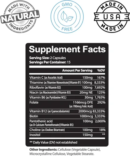 Miniatura 3 de Kaya Naturals Complejo B-12 Suplemento multivitamínico para mujeres y hombres potenciador de energía y metabolismo Vitamina del complejo B