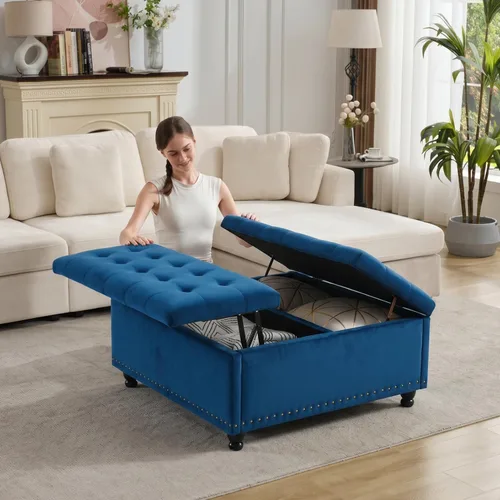 Miniatura 10 de Tbfit Banco otomano de almacenamiento cuadrado grande, mesa de centro otomana tapizada con tapa de elevación y patas de madera maciza, caja de Marrón