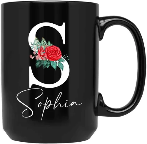 Miniatura 7 de Taza personalizada con nombre inicial, taza con monograma personalizado, 11 y 15 onzas, cerámica negra