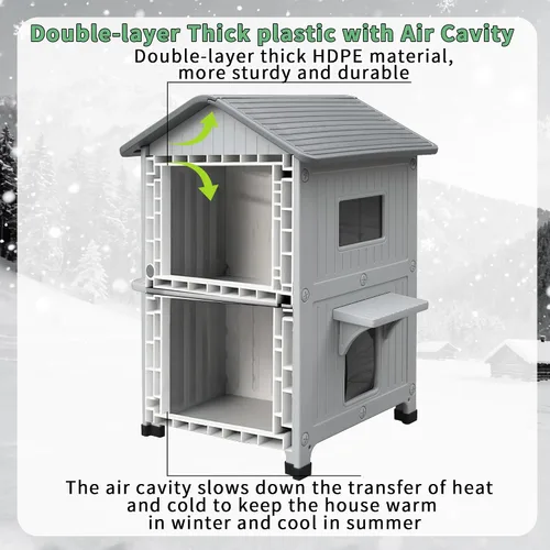 Miniatura 3 de Casa para gatos al aire libre, resistente a la intemperie, casas de plástico para gatos con puerta de escape, 2 pisos para interiores, impermeable