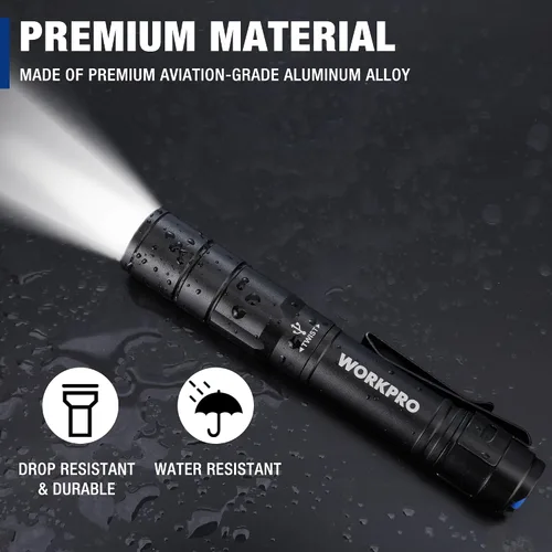 Miniatura 6 de WORKPRO Luz recargable para bolígrafo, mini linterna, paquete de 2 linternas EDC ultracompactas, linterna de bolsillo con clip, función de memoria