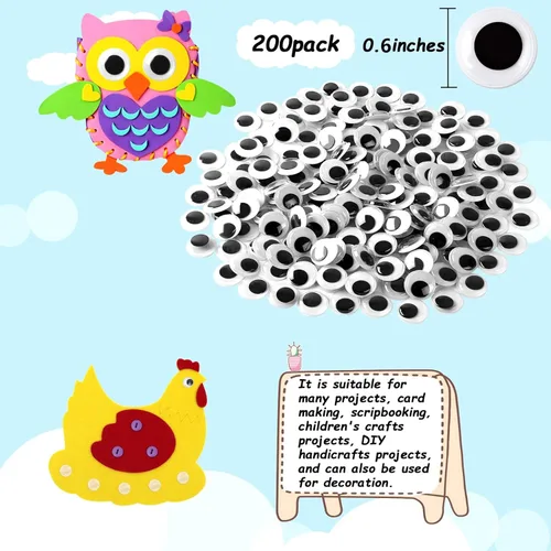Miniatura 2 de FEBSNOW 200 ojos ondulantes autoadhesivos negros y blancos para decoración de manualidades (0.59 pulgadas)