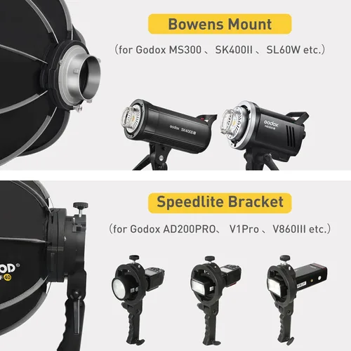 Miniatura 3 de Bowens - Caja de luz de montaje rápida de 24 pulgadas, de mano, soporte tipo S, compatible con Godox Canon Sony Fuji YongNuo Flash AD200PRO V1 TT600