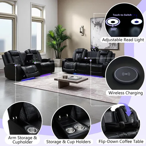 Miniatura 5 de Juego de Sofá Reclinable Eléctrico, Juego de Sofá y Sillón Reclinable de Cuero Negro, Juegos de Muebles de Sala de Estar, Sofá de Dos Plazas