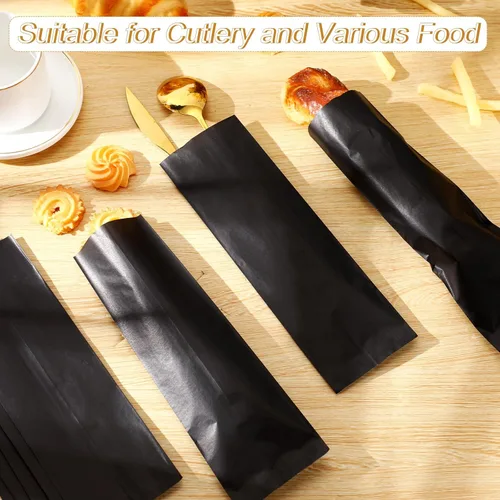 Miniatura 4 de Zhehao 200 bolsas de papel kraft, bolsas de churro, fundas de grasa para utensilios resistentes, cubiertos, galletas, panadería, dulces (negro)