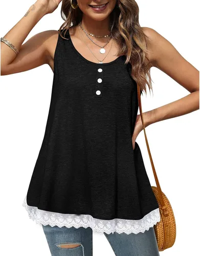 Miniatura 4 de Women Crewneck Button Up Tank Top Casual Loose Pure Color Lace Trim Ruffle Hem Camisole for Daily Party Date