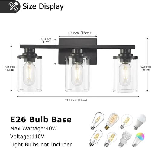 Miniatura 3 de 3 Luces Negras para Tocador de Baño con Pantalla de Vidrio Transparente, Apliques de Pared Modernos de Iluminación para Baño Sobre Espejo