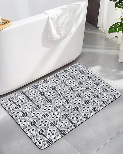 Tapete de baño de geometría negra para bañera, antideslizante, de secado rápido y absorbente, tierra de diatomeas, fregadero, cocina, sala de estar,