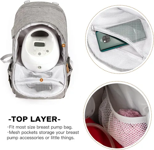 Miniatura 3 de Mochila para extractor de leche, bolsa enfriadora y resistente a la humedad, doble capa para madre, mochila de trabajo al aire libre con Gris