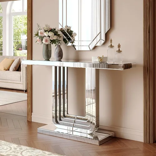 Miniatura 16 de Mesa consola de media luna de 47 pulgadas con cajón de cristal estriado y perilla de cristal, escritorio plateado para entrada, dormitorio, vestidor