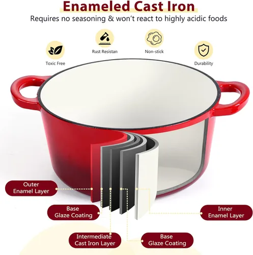 Miniatura 3 de E-far Horno holandés de hierro fundido esmaltado con tapa, olla redonda holandesa de 6 cuartos, utensilios de cocina antiadherentes para estofar