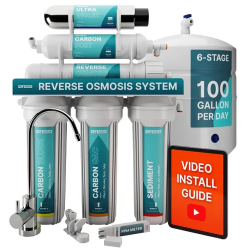 NU Aqua Sistema de Filtro de Agua Debajo del Fregadero de 6 Etapas UV de Ósmosis Inversa - 100 GPD Filtración RO y UV - Grifo y Depósito - Medidor