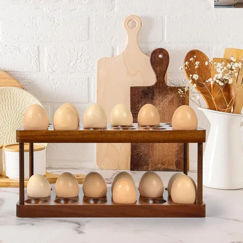 Miniatura 6 de Soporte para huevos de madera de doble capa, organizador de bandejas de huevos de acacia de cocina de granja, cesta de almacenamiento de huevos