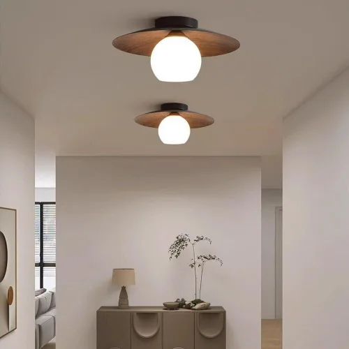 Miniatura 4 de Lámpara de techo minimalista moderna de globo de vidrio blanco redondo con veta de nuez, lámpara de techo semiempotrada con veta de madera nórdica