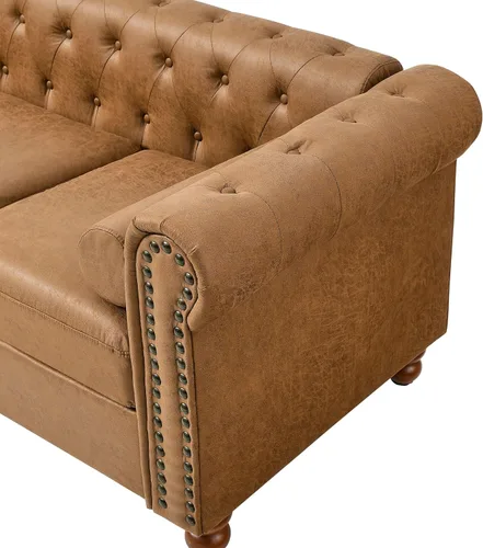 Miniatura 8 de Sofá Air de cuero copetudo para sala de estar, sofá de 3 plazas con brazo enrollado con ribete de cabeza de clavo y 2 almohadas para el cuello, sofá