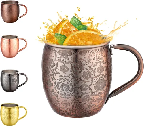 UNISWEET Moscow Mule - Tazas de 18 onzas chapadas en cobre fina artesanía, tazas grabadas con acero inoxidable 304, para bebidas frías, cerveza, 1
