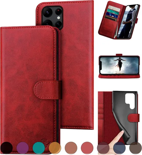 Miniatura 9 de DuckSky Funda tipo cartera de cuero genuino para Samsung Galaxy S22 Ultra 【Bloqueo RFID】【4 tarjeteros de crédito】【Cuero auténtico】 Funda protectora