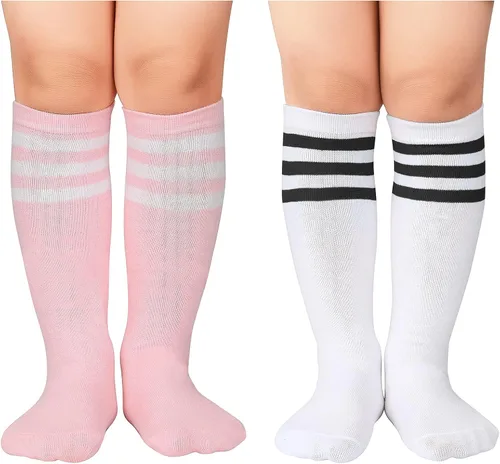 American Trends Calcetines de fútbol para niños, calcetines de tubo alto hasta la rodilla para niños y niñas, calcetines deportivos largos a rayas