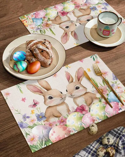 Miniatura 2 de Juego de 4 manteles individuales con diseño floral de conejo de Pascua, manteles individuales lavables para cocina, mesa de comedor, manteles