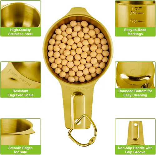 Miniatura 3 de 7 tazas medidoras doradas de acero inoxidable, tazas medidoras de metal anidables con marcas y anillo, juego de cucharas medidoras apilables