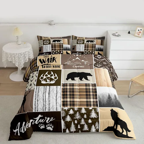 Miniatura 8 de Juego de edredón rústico para niños estilo granja de tamaño queen, juego de ropa de cama con diseño de astas de ciervo y huellas de oso, estampado a