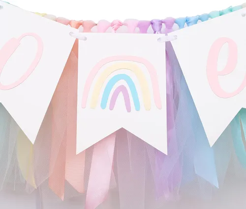 Miniatura 7 de Cartel para silla alta de arcoíris pastel, cartel de tul y cinta para silla de bebé de primer cumpleaños, decoraciones de arcoíris