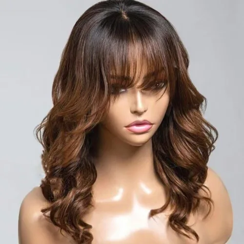 Miniatura 8 de #1B/27 Pelucas de cabello humano ondulado suelto con flequillo HD transparente encaje frontal pelucas de cabello humano natural Stright densidad