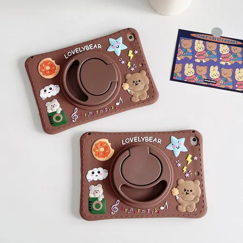 Miniatura 4 de Funda para Samsung Galaxy Tab S6 Lite P610/P615 de 10.4 pulgadas, silicona suave con patrón de oso marrón con cordón y soporte plegable a prueba