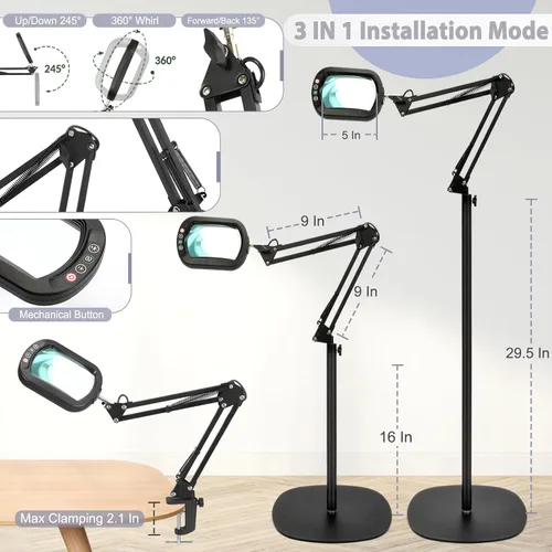 Miniatura 5 de Lupa grande 12X con luz y soporte, cristal real, 5 modos de color, lámpara de pie LED regulable sin escalones, brazo oscilante, 3 en 1, lupa