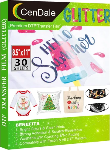 CenDale Película de transferencia DTF con purpurina, 8.5 x 11 pulgadas, 30 hojas de película DTF con purpurina colorida para trucos de sublimación,