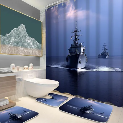 Miniatura 2 de Cool Modern - Juego de portaaviones para niños con cortina de ducha náutica militar y alfombras de 20 x 31 pulgadas, accesorios de baño, decoración