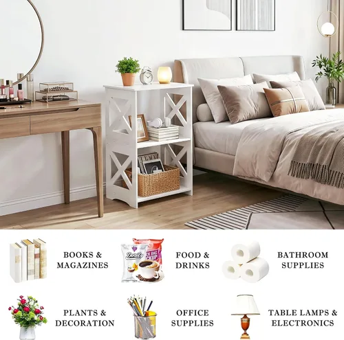 Miniatura 4 de BYFU Mesa auxiliar de 3 niveles, mesa auxiliar pequeña con estante de almacenamiento, mesita de noche blanca, mesita de noche, estantería