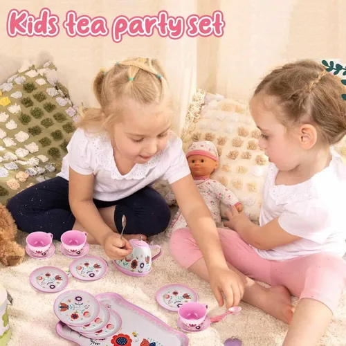 Miniatura 2 de Lajeje Juego de té de simulación para niñas pequeñas de 3 a 8 años, 19 piezas de juguetes de cocina con temática de flores para niños pequeños