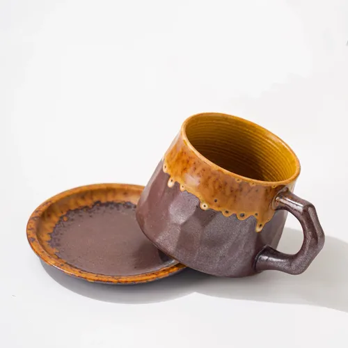 Miniatura 2 de Taza de capuchino de cerámica vintage retro hecha a mano con platillo – Taza de té y platillo de cerámica rústica pequeña, sin plomo, taza hecha a